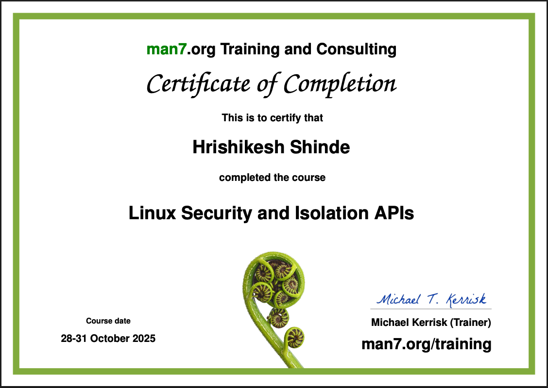 Linux Security and Isolation APIs Course Certificate