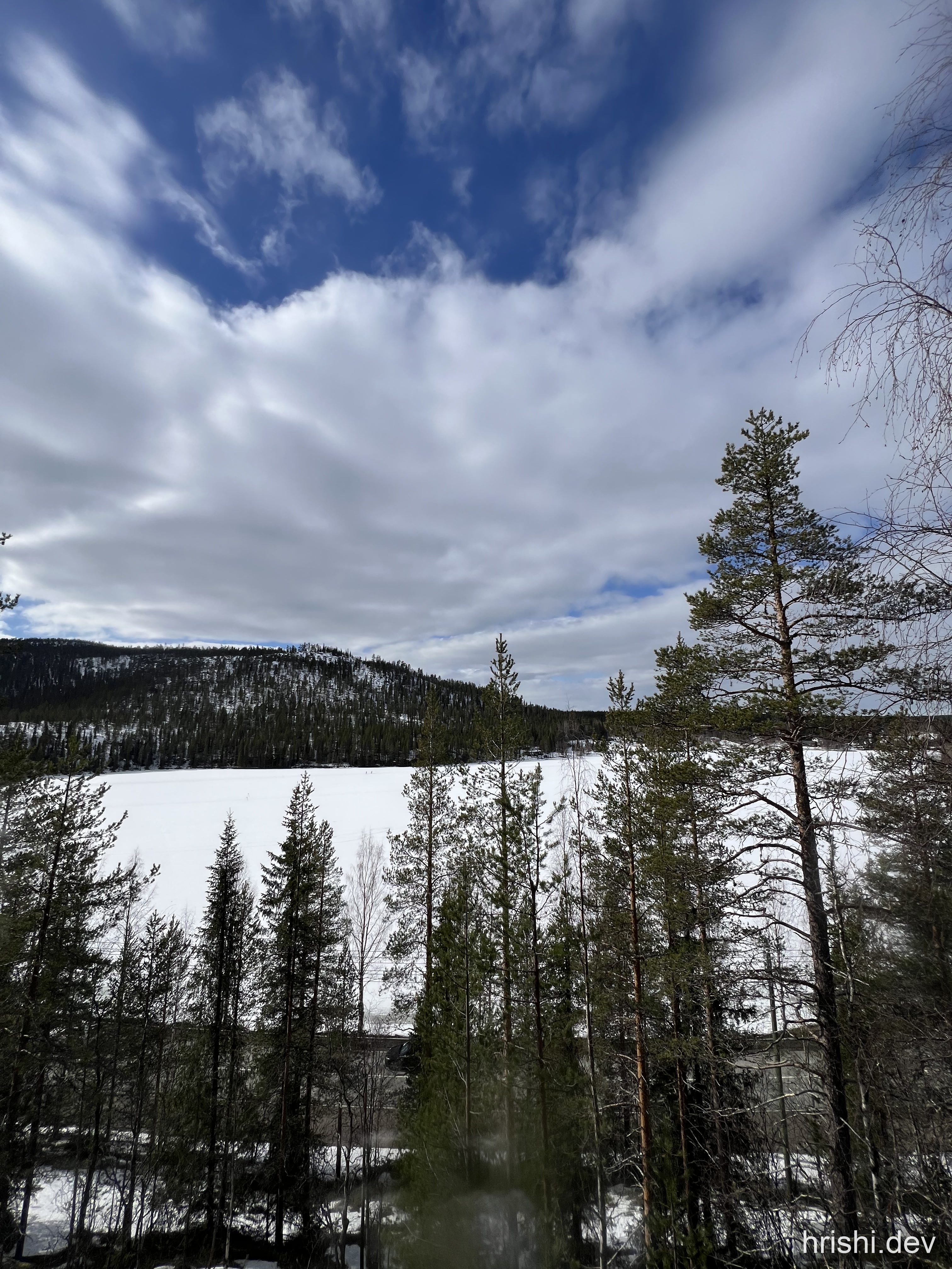 Snow-covered forest with tall pine trees under a blue sky with wispy clouds in Lapland, Finland