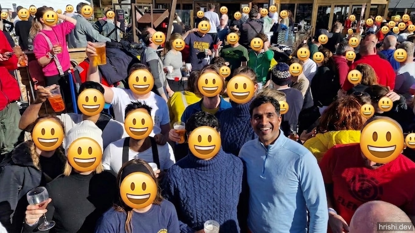 A group photo on a sunny ski deck in Morzine, France, with everyone holding drinks
